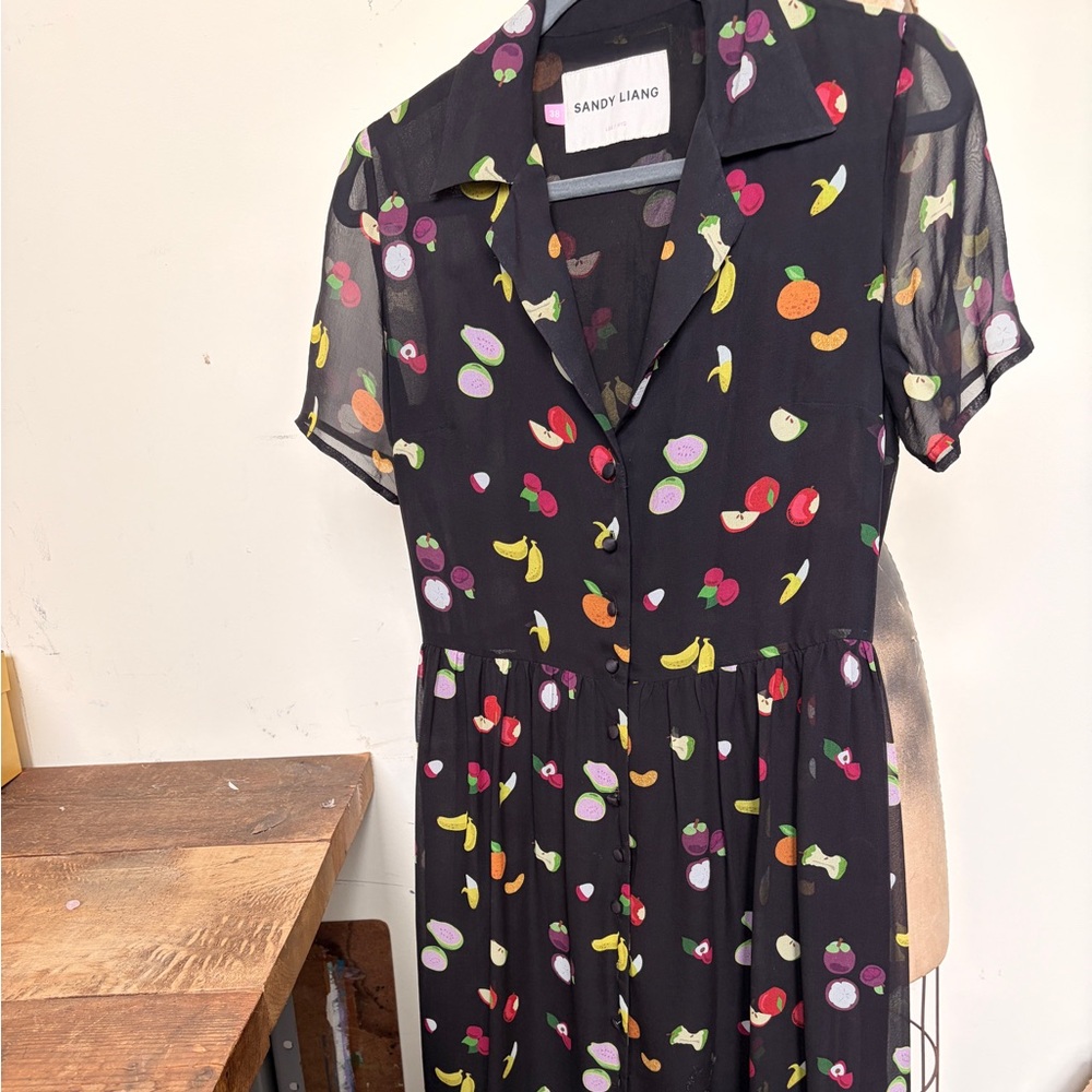 Sandy Liang Black Dress with Colorful Fruit Print